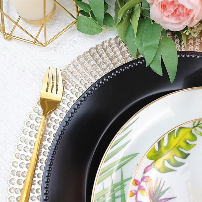 Set of 12 Plastic Black Charger Plates, Elegant Chargers for Table Dinner Decoration, Wedding, Holiday,13"