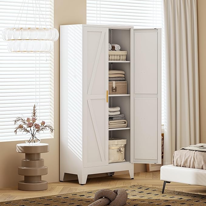 61" H Metal Pantry Cabinet,White Storage Cabinet with Doors,Freestanding Kitchen Pantry Cabinet,Farmhouse Food Storage Cabinets,Tall and Large Pantry Cabinets for Dining Room, Living Room