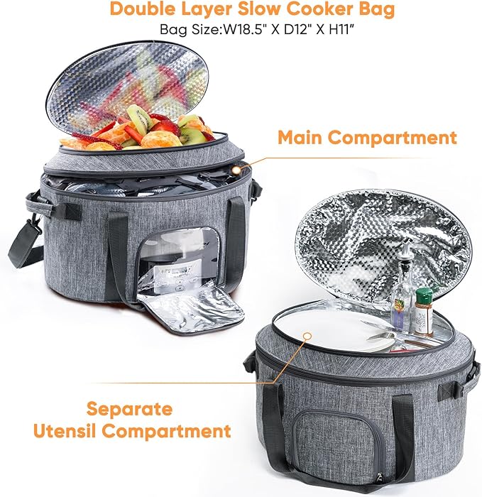 Double-Layer Slow Cooker Carrying Bag for 6-8 Quart CrockPot and Hamlton Beach Slowcooker, Travel Bag with Lid Fastener for Crock-pot, Portable Carrier with See-throught Window(BAG ONLY)