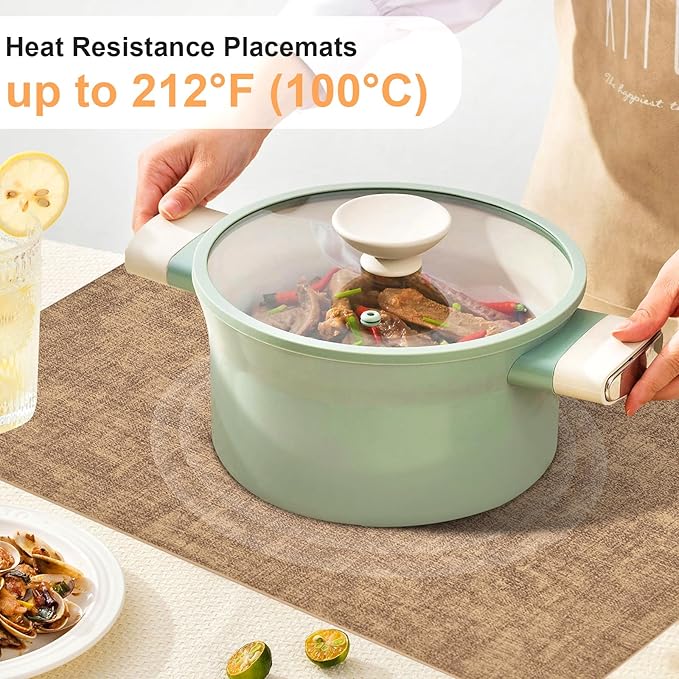 Boobezeen Faux Leather Placemats Set of 6, Heat Resistant Wipeable Washable Vinyl Place Mats, Waterproof Anti-Slip Dining Table Mats, Suitable for Indoor & Outdoor Use (Light Brown)