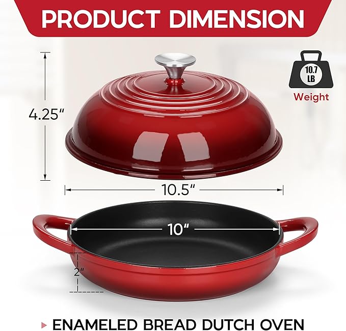 E-far Dutch Oven for Sourdough Bread Baking, 6 Qt Round Enameled Cast Iron Dutch Oven for Homemade Artisan Bread, Dome Lid & Shallow Base, Matte Black Interior & Durable, Oven-Safe to 500?? Red