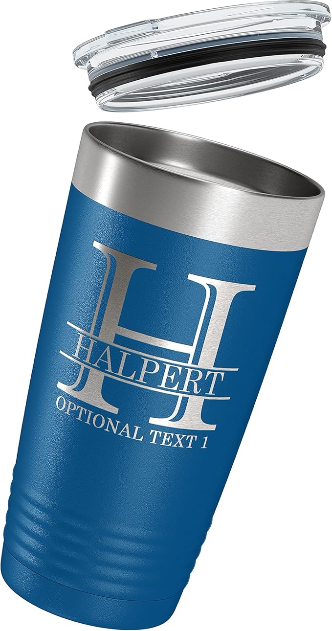 Personalized 20oz (17 Colors) Powder Coated Insulated Stainless Steel Tumbler with Lid, Custom Etched, Customized Engraved Gift Idea for Women Men Her Him, Halpert Monogram Initial Name (Royal Blue)