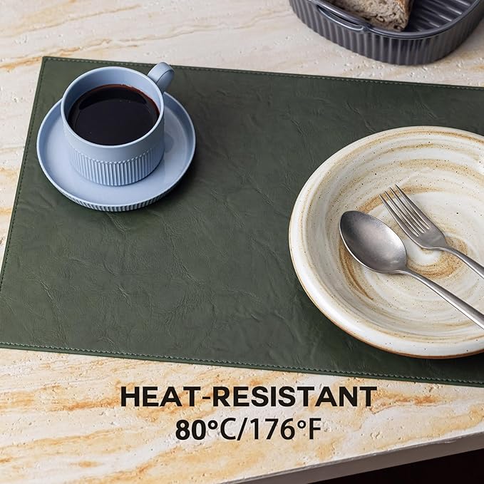 Baroyal Faux Leather Placemats Set of 8 Vinyl Washable Wipeable Table Mats for Kitchen Dining Table Heat Resistant Waterproof Indoor/Outdoor Placemats Non-Slip Easy Clean Place Mats (Olive Green)