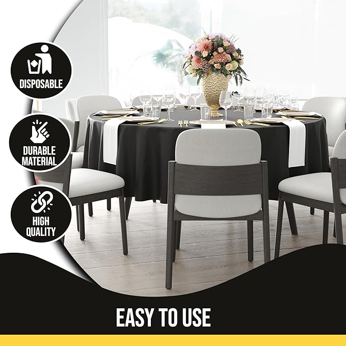 Party Solids 12-Pack Black Round Plastic Tablecloth Disposable ??Size: 90 Inches ??Round Plastic Table Cloths for Parties, Picnics & Formal Events