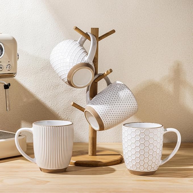 GBhome Large Coffee Mugs Set of 4, 16oz Handmade Embossed Coffee Mugs Set with Large Handle for Cappuccino/Latte/Tea/Hot Cocoa, Dishwasher & Microwave Safe, Off White