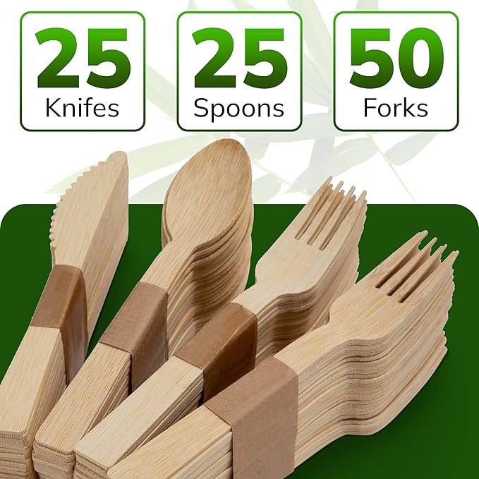 Wooden Cutlery Set - 100 Pcs Disposable Bamboo Forks, Spoons, Knives - Compostable 100% Natural Bamboo Utensils for Parties, Picnics, Camping, Weddings - Eco-Conscious Dining Supplies