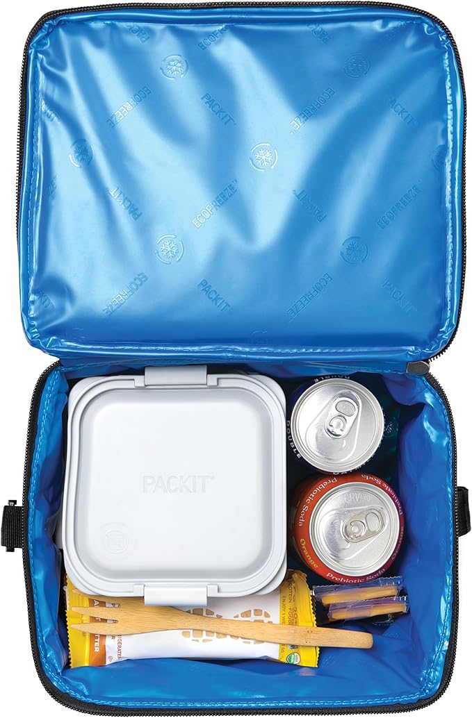 PackIt짰 Freezable Essential Cooler, Black, Built with EcoFreeze짰 Technology, Fully Freezable, Collapsible, Reusable, With Removable Crossbody Strap, Top Clip Handle, Designed for Fresh Office