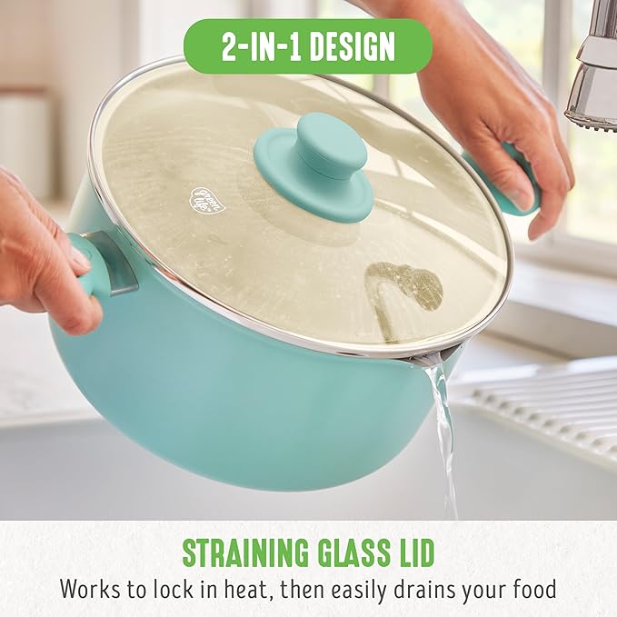 GreenLife 6QT Nonstick Stockpot with Straining Lid, Soft Grip, PFAS-Free Ceramic, Pour Spout, Multipurpose Cooking Pot, Sauces & Soups, Milk Pan, Stay-Cool Handles, Dishwasher & Oven Safe, Turquoise