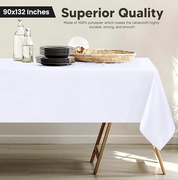 Utopia Kitchen Rectangle Table Cloth 2 Pack(90x132 Inches, White), Tablecloth Machine Washable, Polyester Table Cover for Dining, Buffet Parties, Picnics, Events, Weddings and Restaurants