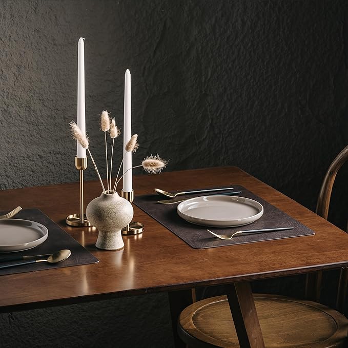DOLOPL Placemats Set of 12 Reversible Dual-Color Table Place Mats ??Heat Resistant Wipeable & Brown Placemats, Luxury Faux Leather Table Mats for Vintage Dining Decor(Dark Brown & Black)