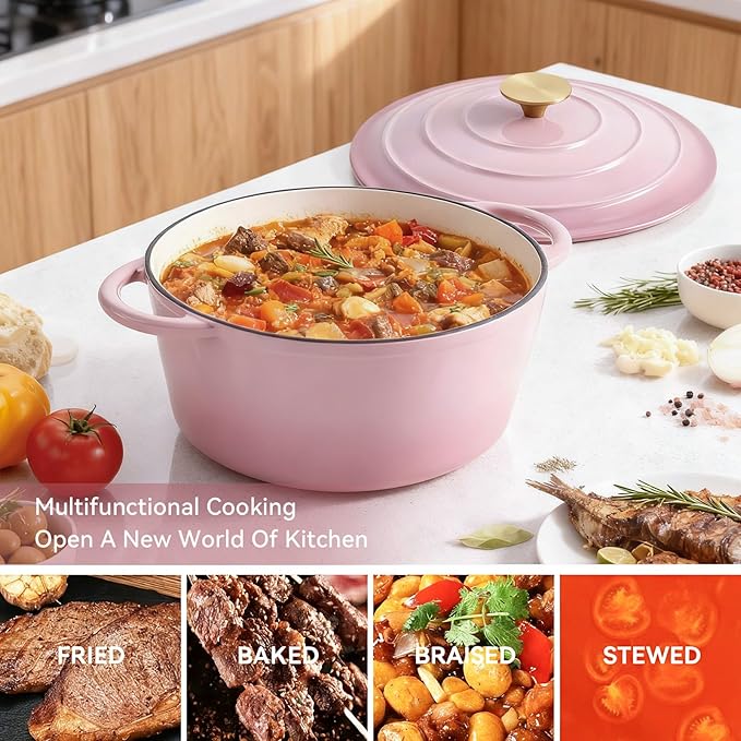Miereirl 6 Quart Enameled Dutch Oven Pot with Lid, Cast Iron Dutch Oven with Dual Handles for Bread Baking, Cooking, Non-stick Enamel Coated Cookware, Pink