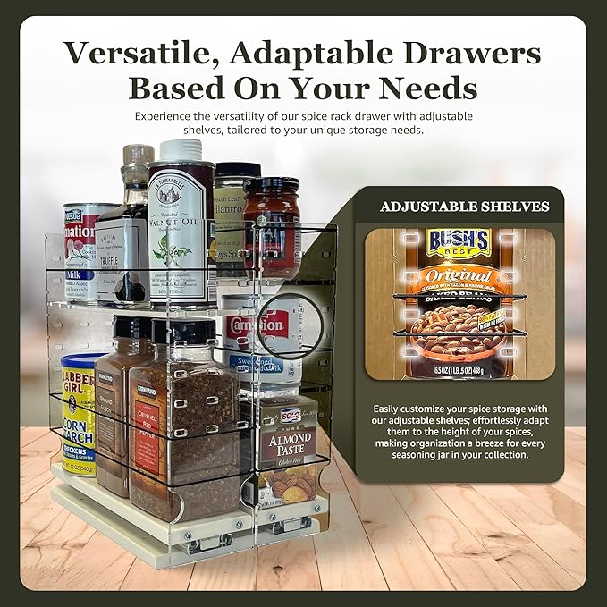 Vertical Spice Adjustable Spice Rack Drawer - Pull Out Cabinet Organizer - Kitchen and Pantry Organizers and Storage - Spice Caddy - 2 Drawers, 3 Upper Tier (6.9" W x 11.25" H x 10.6" D, Cream)