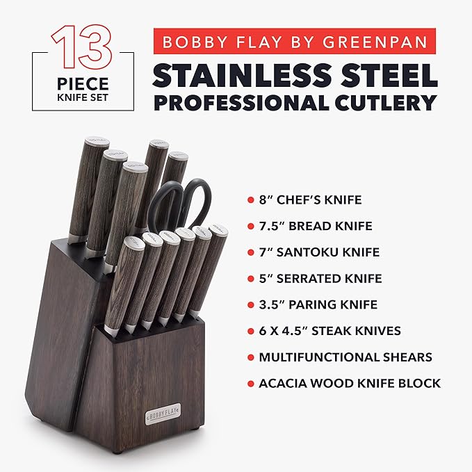 GreenPan x Bobby Flay 13 Piece Stainless Steel Cutlery Kitchen Knife Block Set, Premium Stainless Steel Blades, Acacia Wood Knife Block, Hand Finished Ergonomic Wood Handle, Damascus Steel Design