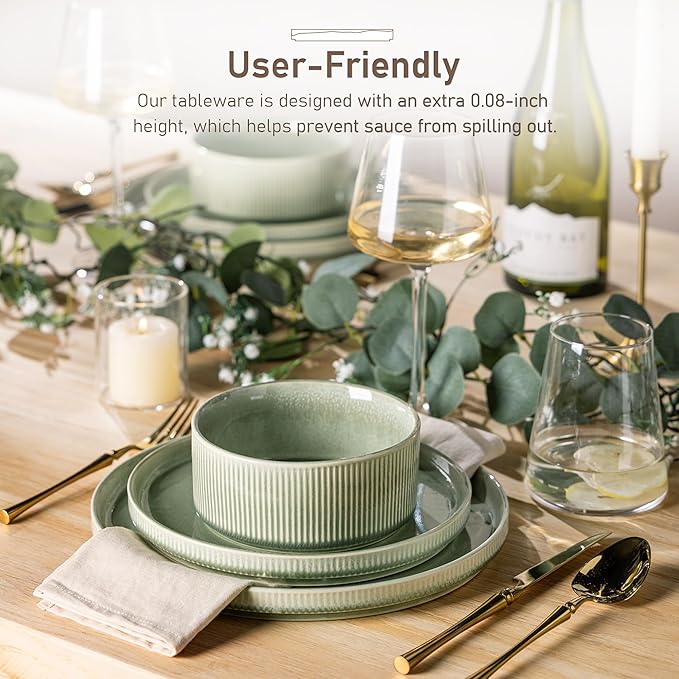GBHOME Stoneware Dinnerware Sets for 8,Round Reactive Glaze Ceramic Plates and Bowls Set,Highly Scratch Resistant | Dishwasher & Microwave Safe Dishes Set,Service for 8(24pcs)竊똋ight Green