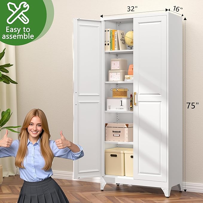 75??Metal Tall Kitchen Pantry Cabinet,Metal Storage Cabinet with Doors and Adjustable Shelves,Modern Kitchen Hutch Cabinets,Freestanding Cupboard for Dining Living Room