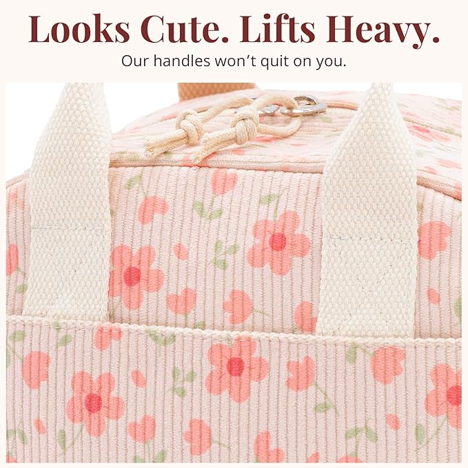 LOVELYWIND Insulated Pink Lunch Bag for Women, Stylish Corduroy Tote with Aluminum Lining, Large Capacity Reusable Cooler for Work, Travel, Beach or Picnic, Pink Floral Water-Resistant Lunch Box