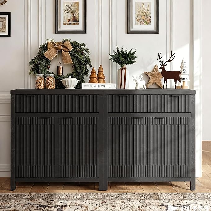 FLOWBACK Black Storage Cabinet with Drawers, Fluted Cabinet Buffet Bar, Farmhouse Buffet Sideboard with Storage, Coffee Bar with Drawer and Door, Modern Wood Console Cabinet for Kitchen, Living Room