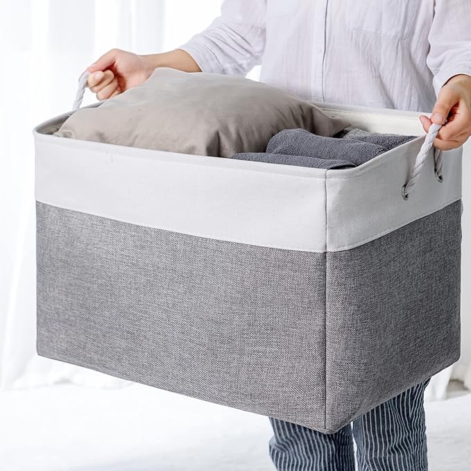 TheWarmHome Storage Bins Baskets for Organizing, 20.5L횞15.7W횞13.8H 3 Pack Sturdy Fabric Storage Basket W/Handles, Decorative Foldable Storage Baskets for Shelves Closet Nursery Toy (White & Grey)