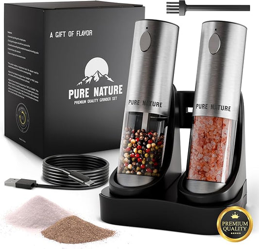 Pure Nature Electric Salt and Pepper Grinder Set with Rechargeable Base ??Stainless Steel, Large Capacity, LED Light, 5 Adjustable Coarseness Levels, Refillable, Type-C Fast Charging