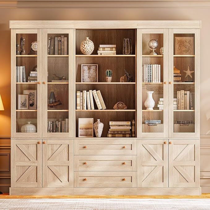 71" Tall Farmhouse Kitchen Pantry Cabinet, Brown Wood Hutch with Glass Doors, 3 Drawers & Adjustable Shelves, Large Storage Cabinet for Dining Room & Living Room, Set of 3