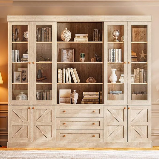 71" Tall Farmhouse Kitchen Pantry Cabinet, Brown Wood Hutch with Glass Doors, 3 Drawers & Adjustable Shelves, Large Storage Cabinet for Dining Room & Living Room, Set of 3