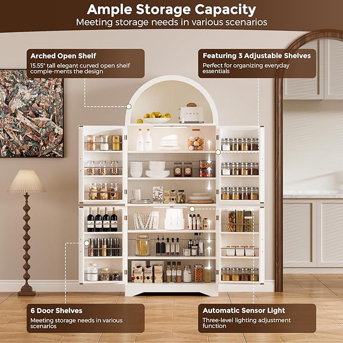 Arched Kitchen Pantry Cabinet with Adjustable Shelves, Modern Farmhouse Storage Cupboard, White Freestanding Wood Cabinet with LED Lights, 70.86 x 29.9 x 15.74 Inches.