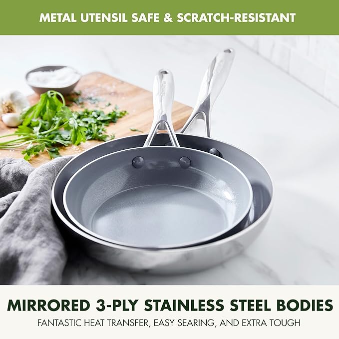 GreenPan Valencia Pro Tri-Ply Stainless Steel 8??and 10??Frying Pan Skillet Set, Ceramic Nonstick PFAS-Free Coating, Multi Clad Cookware, Induction, Dishwasher Oven and Broiler Safe