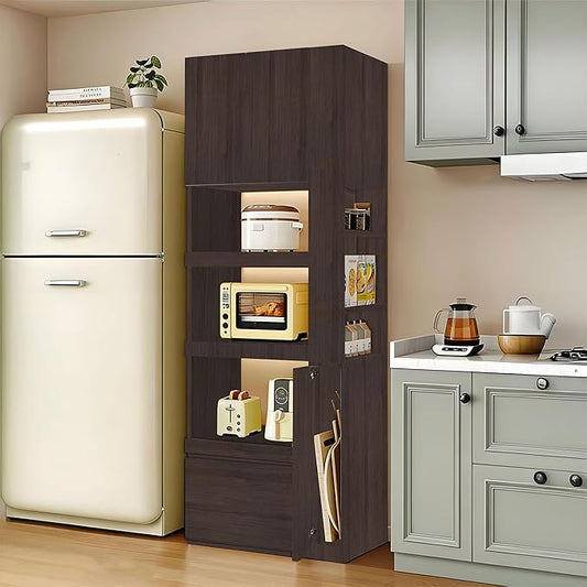 LINLIUA 71'' Tall Kitchen Pantry Cabinet, Wood Pantry Storage Cabinet with Doors, 3 Pull-Out Shelves and Drawer, Modern Slim Kitchen Hutch for Dining Room Small Space
