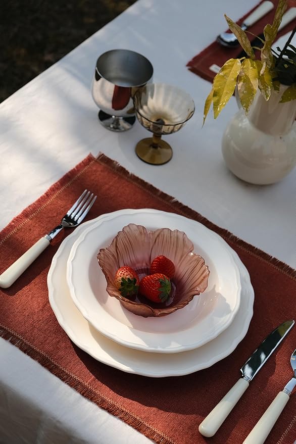 Noalumea 100% Linen Placemats Set of 4 ??Thick Terracotta Table Mats with Hand-Frayed Edges, Machine Washable, Elegant Dining Table Decor for Everyday Meals & Holiday Gatherings, 14 x 19 Inch