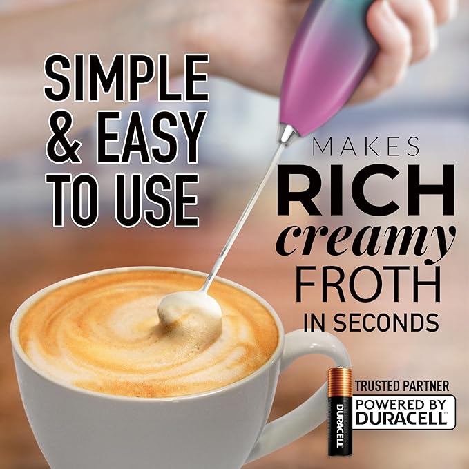 Zulay Kitchen Handheld Milk Frother with Duracell AA Batteries ??Ultra Fast Electric Mixer & Foam Maker, Easy-Clean Drink Mixer for Coffee & More - Teal Pink Fade