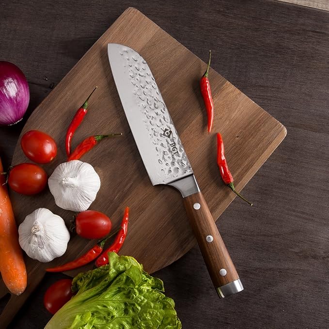 BGT 7 & 8 Inches Japanese 67 Layer High Grade VG-10 Super Damascus Steel Knives, Sharp Professional Hammered Kitchen Knife with Teak Handle (Silver Blade)