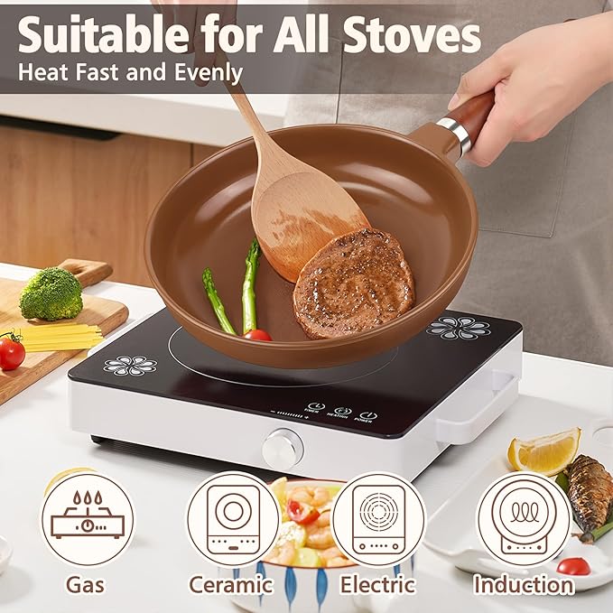 10-inch Pure Ceramic Frying Pan Skillet - Non-Toxic, PFOA/PFAS/PTFE Free, No Chemical Coating - Healthy Cooking - Solid Wood Handle (Brown)