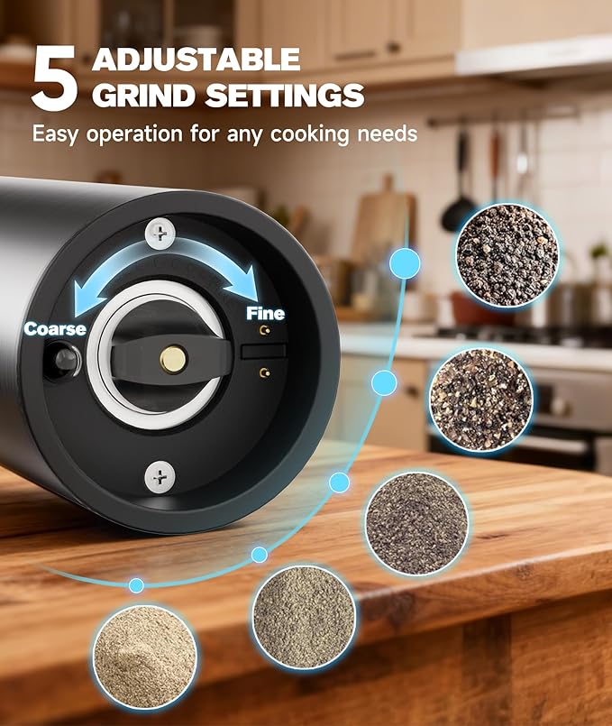 Ringco Electric Salt and Pepper Grinder Set with Charging Base, Rechargeable Salt and Pepper Mill with Adjustable Coarseness, LED Light, 110ml Large Capacity for Kitchen, Outdoors, Christmas Gift