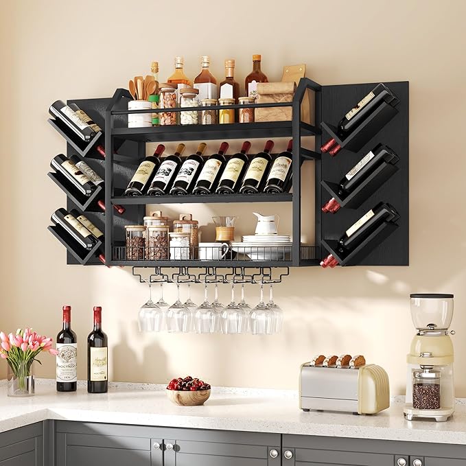 Hoctieon Wall Mounted Wine Rack, 3 Tier Hanging Wine Racks with Glass Holder, Large Capacity Bar Shelves, Metal Wood Bottle Display Storage for Kitchen, Home Bar, Dining Room, Black