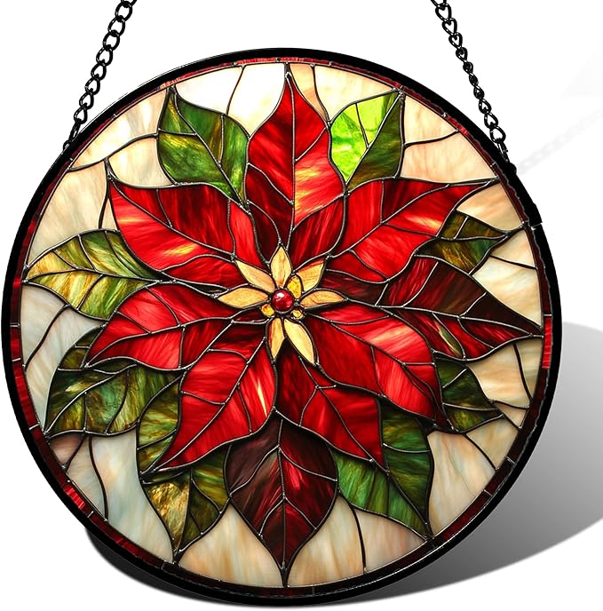Stained Glass Window Hanging - Red Poinsettia Birth Flowers Suncatcher for Door Garden Yard Sun Catchers Decor Christmas Mother's Day Birthday Gifts for Women Mom Nana Teacher Friend 7.8 in