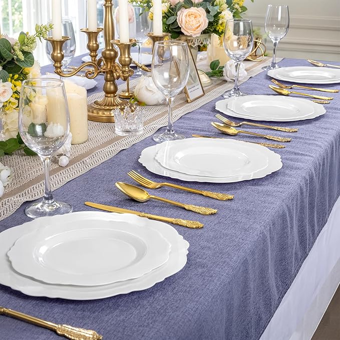 WDF 60pcs White Plastic Plates -10.25inch Baroque White Disposable Dinner Plates for Upscale Parties/Wedding