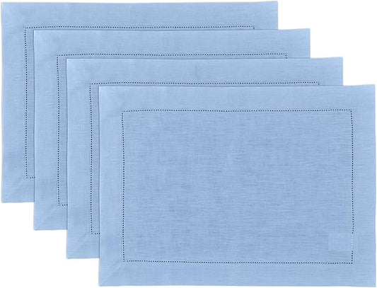 Solino Home Linen Cloth Placemats Set of 4-100% Pure Linen Hemstitch Cornflower Blue Placemats 14 x 19 Inch - Classic Hemstitch Table Place Mats for Spring, Easter