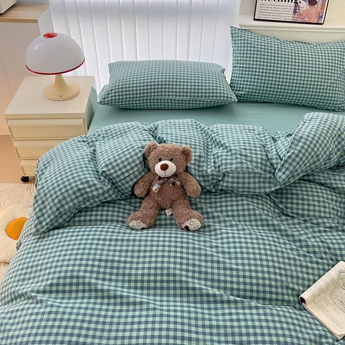 LifeTB Green Gingham Comforter Set Full Size Geometric Plaid Checkered Pattern Comforter Green Grid Plaid Printed Bedding Comforter Set with 2 Pillowcases Fluffy Soft Gingham Bedding Set Breathable