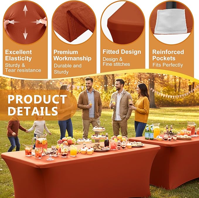 Enjoyidea Table Cover for 6 Foot Rectangle Tables-6 Pack Rust Thanksgiving Fitted Stretch Tablecloth-Spandex 6ft Fall Tablecloths for Party, Vendor Booth Display, Banquet Buffet, Craft Trade Show