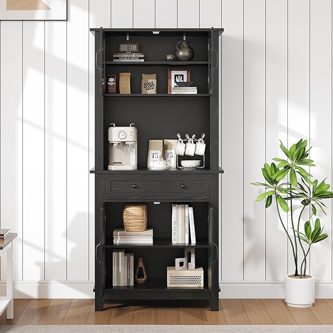 Elegant Black Modern Wood Pantry Coffee Cabinet with Ample Storage, Spacious 72" Tall Kitchen Bar Cabinet Hutch Featuring 4 Stylish Glass Doors & 1 Smooth Drawer, Versatile Stand-Alone Food Pantry