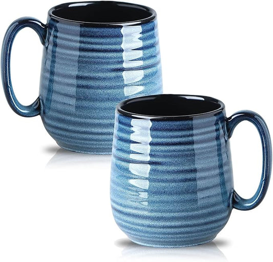 HASENSE Large Coffee Mugs Set of 2, Porcelain 20 oz Coffee Cups for Office and Home, Modern Coffee Mug with Big Handle for Latte Coffee Tea Soup as Friend Gifts, Dishwasher and Microwave Safe, (Blue)