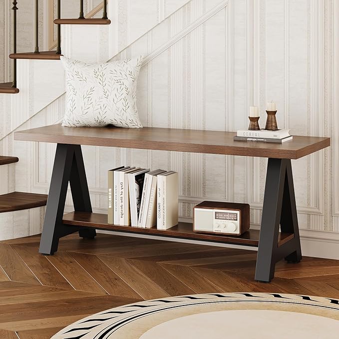Welfuturer Farmhouse Wood Bench Industrial Entryway Bench Rustic Wood and Metal Shoe Storage Bench for Entryway, Living Room, Dining Room