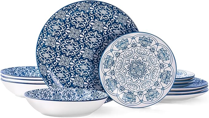 Bestone Porcelain Dinnerware Sets Service for 4, 12 pcs Hand drawn Plates and Bowls Sets, Handmade Ceramic Dish Set, Chip Resistant Modern Plate Set, Dishwasher/Microwave Safe竊똙intage Blue