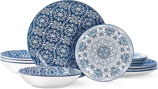 Bestone Porcelain Dinnerware Sets Service for 4, 12 pcs Hand drawn Plates and Bowls Sets, Handmade Ceramic Dish Set, Chip Resistant Modern Plate Set, Dishwasher/Microwave Safe竊똙intage Blue