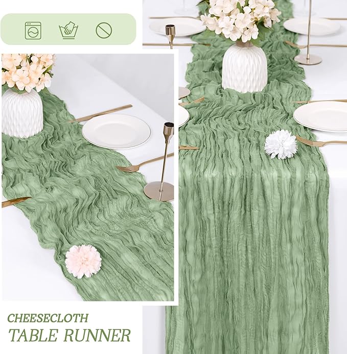 RealBox 6 Pack Sage Green Cheesecloth Table Runner 17x108 Inch Semi Sheer Boho Gauze Cheese Cloth Fabric Table Runners Table Decor for Wedding Party Baby Shower Birthday Home Decor Garden Farmhouse