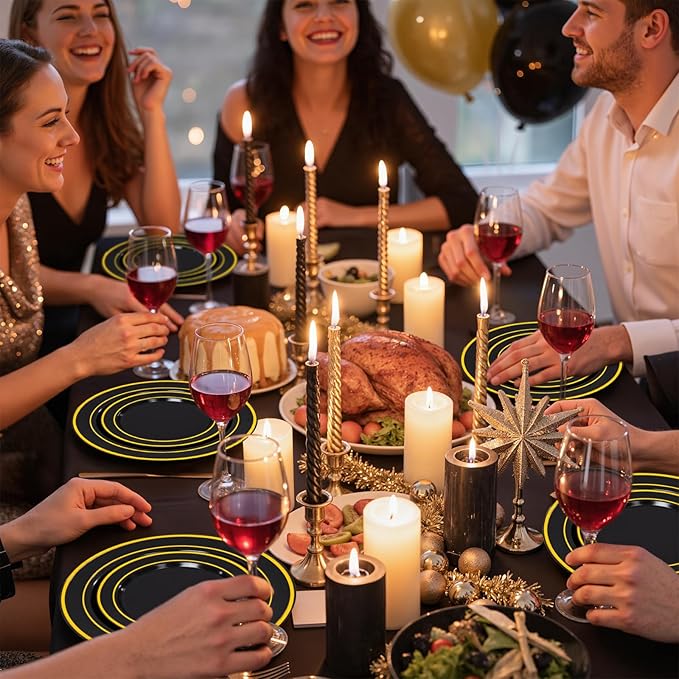 350 Pieces Black and Gold Plastic Plates with Disposable Silverware, Include 50 Dinner Plates 9?? 50 Dessert Plates 6.3?? 50 Black Cups 9 OZ, 50 Pre Rolled Napkins for New Year
