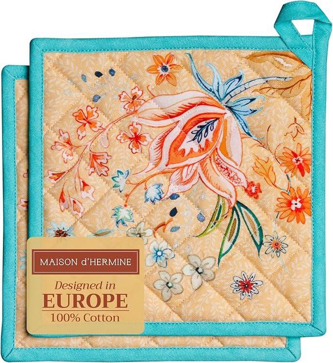 Maison d' Hermine Pot Holders Set 100% Cotton Heat Resistant Potholders 8" x 8" Hot Pads with Loop BBQ, Cooking, Grilling, Kitchen, Handling Hot Pans Spring/Summer (Pack of 2, Luxury Loft ??Peach)
