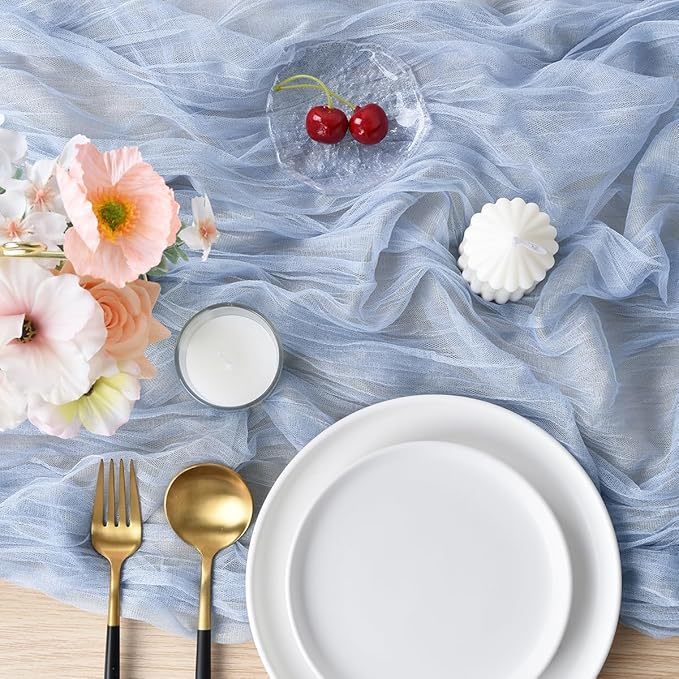 Joanlody Blue Cheesecloth Table Runner Fall Thanksgiving 10Ft Rustic Gauze Boho Cheese Cloth Table Runner for Wedding Bridal Baby Shower Decoration 6 Pack