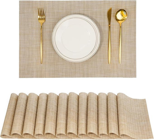 flohar Placemats Set of 12竊똍on-Slip PVC Weave Table Mats Easy to Clean竊똇eat Resistant Place Mats for Kitchen Dining Table Decoration Indoor Outdoor竊똁eige