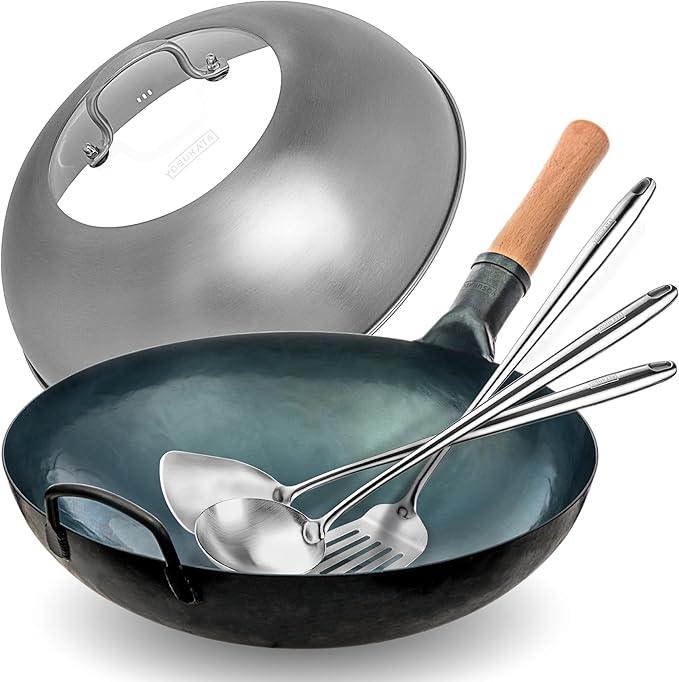 YOSUKATA Blue Round Bottom Wok Pan ??14" Woks and Stir Fry Pans + Wok Lid 13.6 Inch - Premium Stainless Griddle Dome with Tempered Glass + 17" Wok Spatula and Ladle and Turner